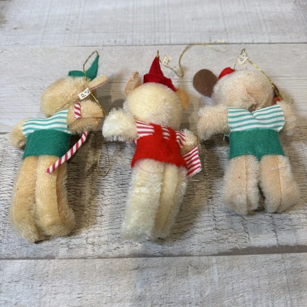 Vintage 1960s Japan Teddy Bear Christmas Ornaments Lot 3 Chenille Mohair Posable